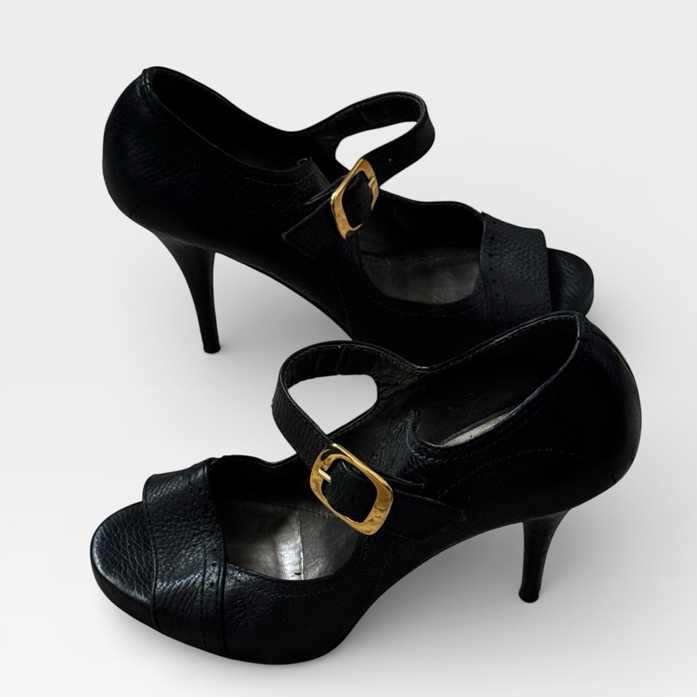Klub Nico pebbled Black leather open‎ toe heels Women's Shoes Gold Buckle Sz 8